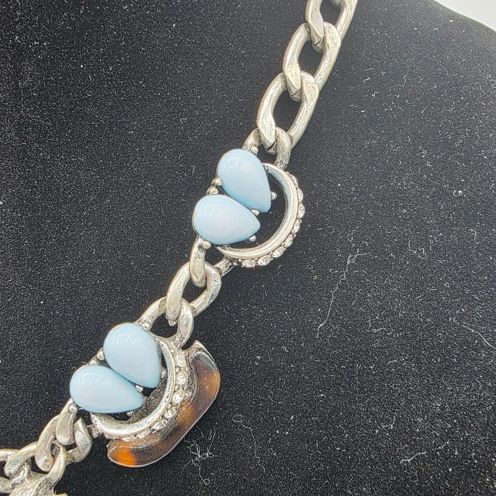 Antique Silver‎ Statement Necklace Link Chain Lobster Multicolor Rhinestone 25